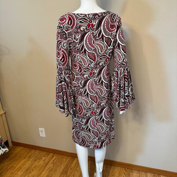 Shelby & Palmer Paisley Bell Sleeve Dress Size 10 Stretch Knit Boho Mod Retro - Picture 7 of 12